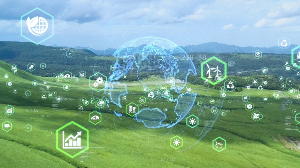 Grüne Landschaft mit digitalen Symbolen für Nachhaltigkeit und Innovation in der Lebensmittelindustrie.