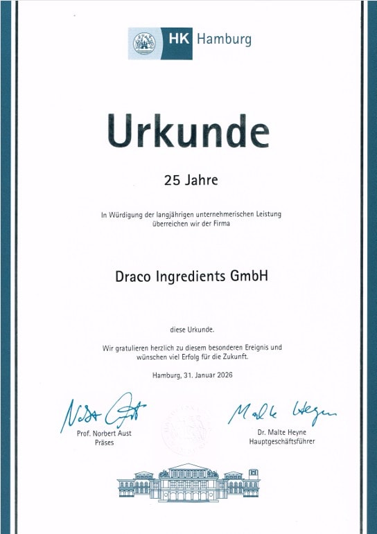 Firmenzertifikat von Draco Ingredients GmbH für 25 Jahre erfolgreiche Unternehmensleistung, ausgestellt in Hamburg, bestätigt langjährige Branchenkompetenz.